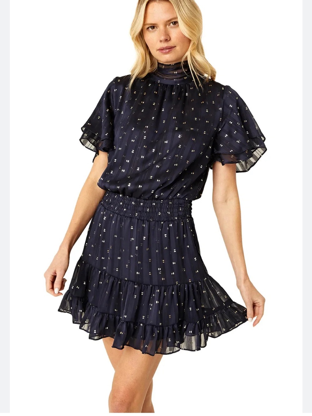 NWOT Misa Los Angeles Navy Mini Dress with gold bow Print, size M